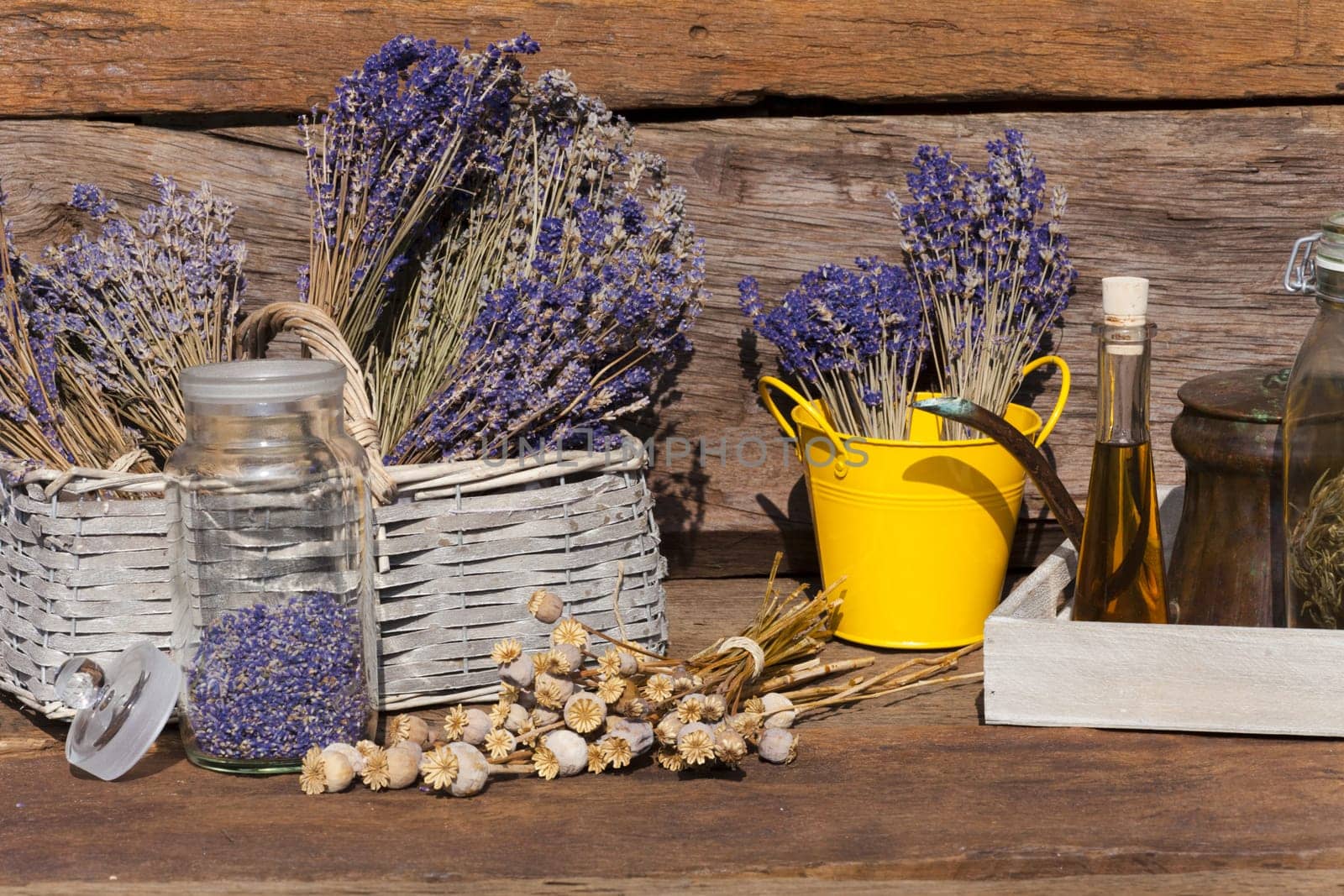 Dried lavender,poppy pods and oil