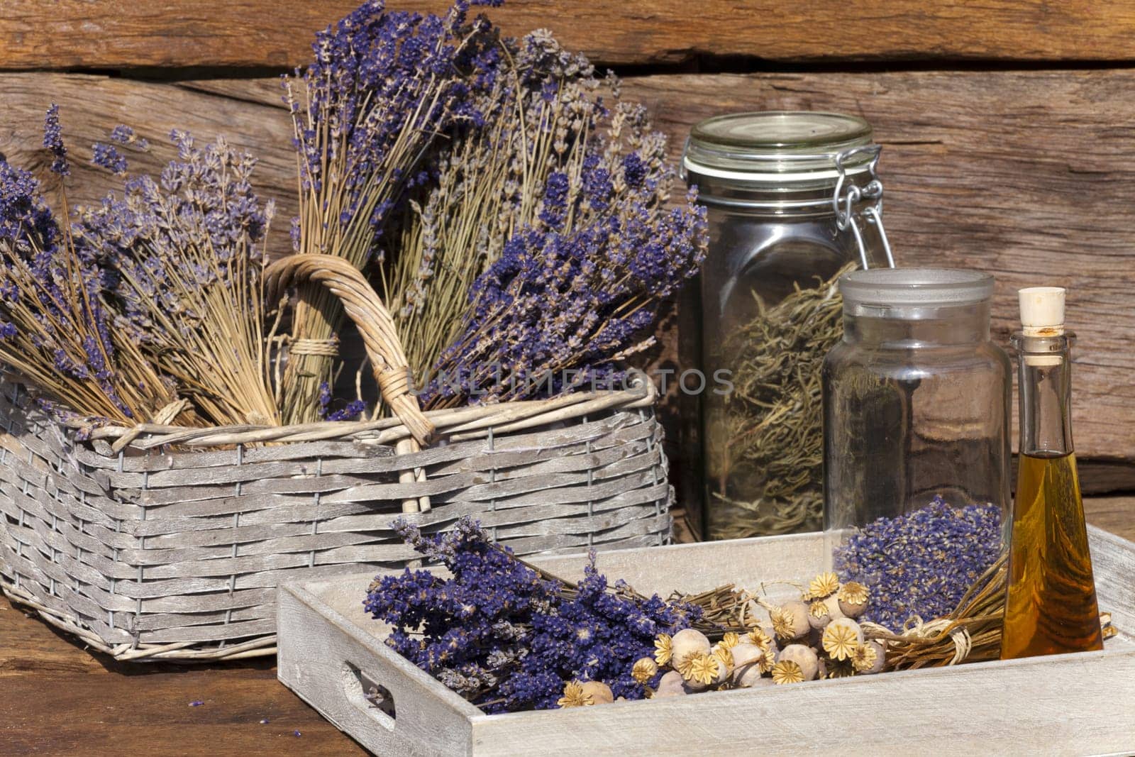 Summer harvest Lavender and poppy in the garden