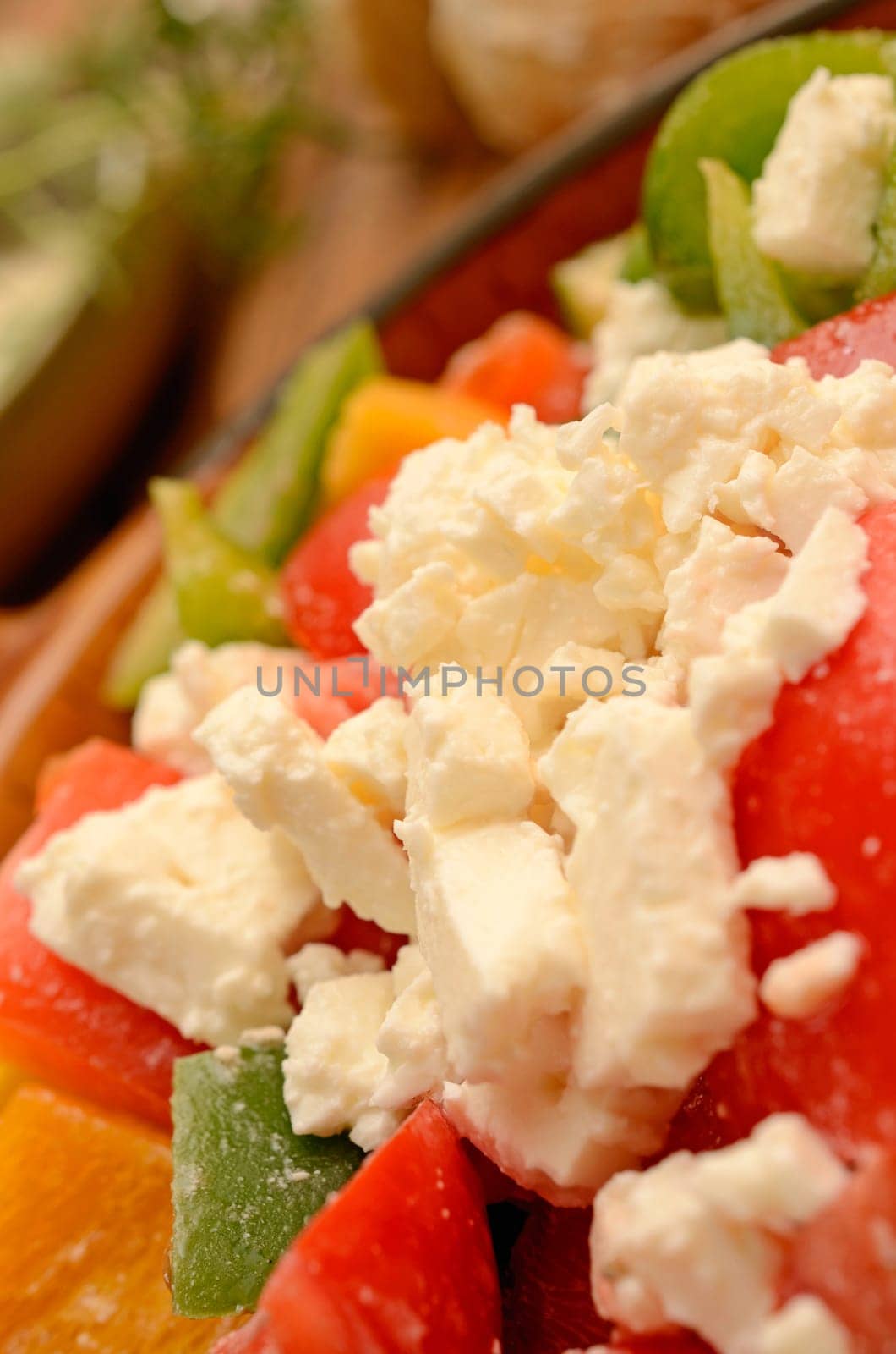 Mediterranean salad in an old ceramic bowl