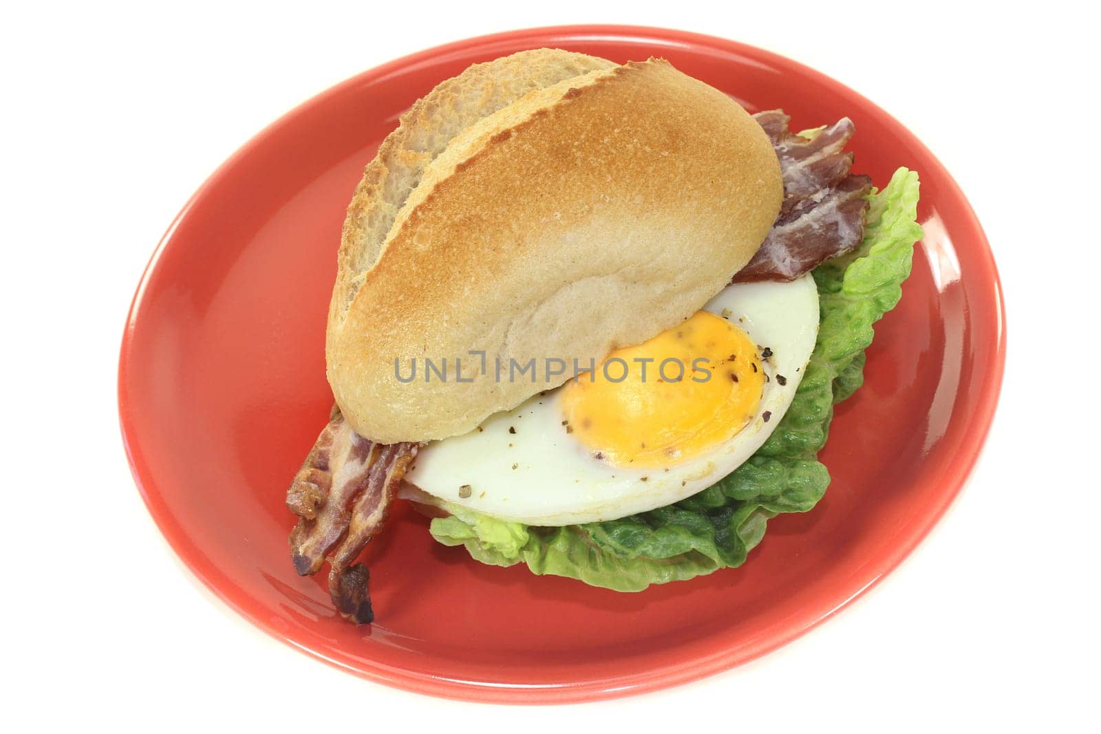 a bun covered with fried egg,bacon and salad