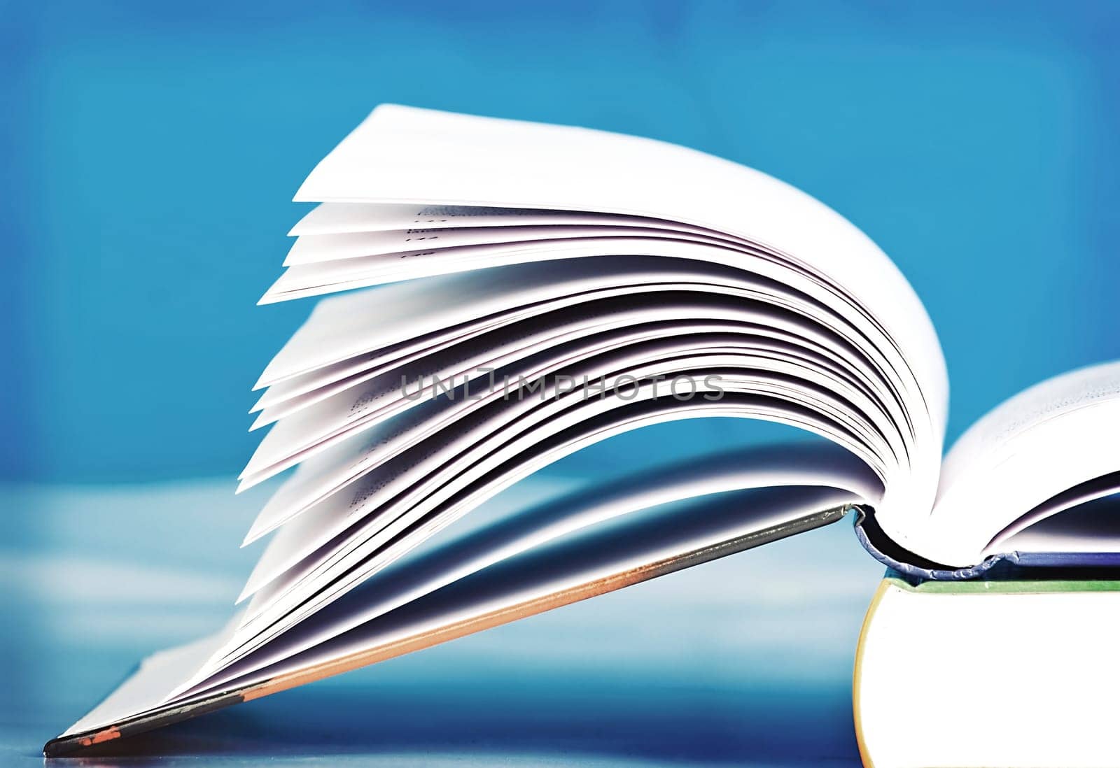 Open book in front of blue background