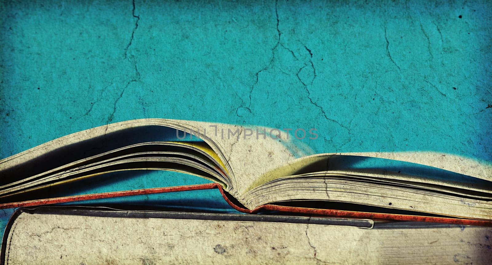 Open book in front of blue background