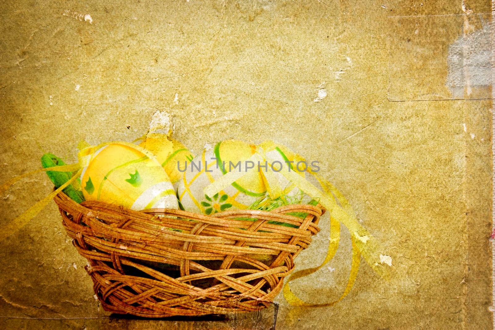 Vintage photo of a basket with easter eggs