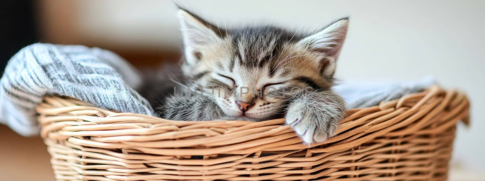 A small fluffy kitten lies in a wicker basket, Generative AI, animals