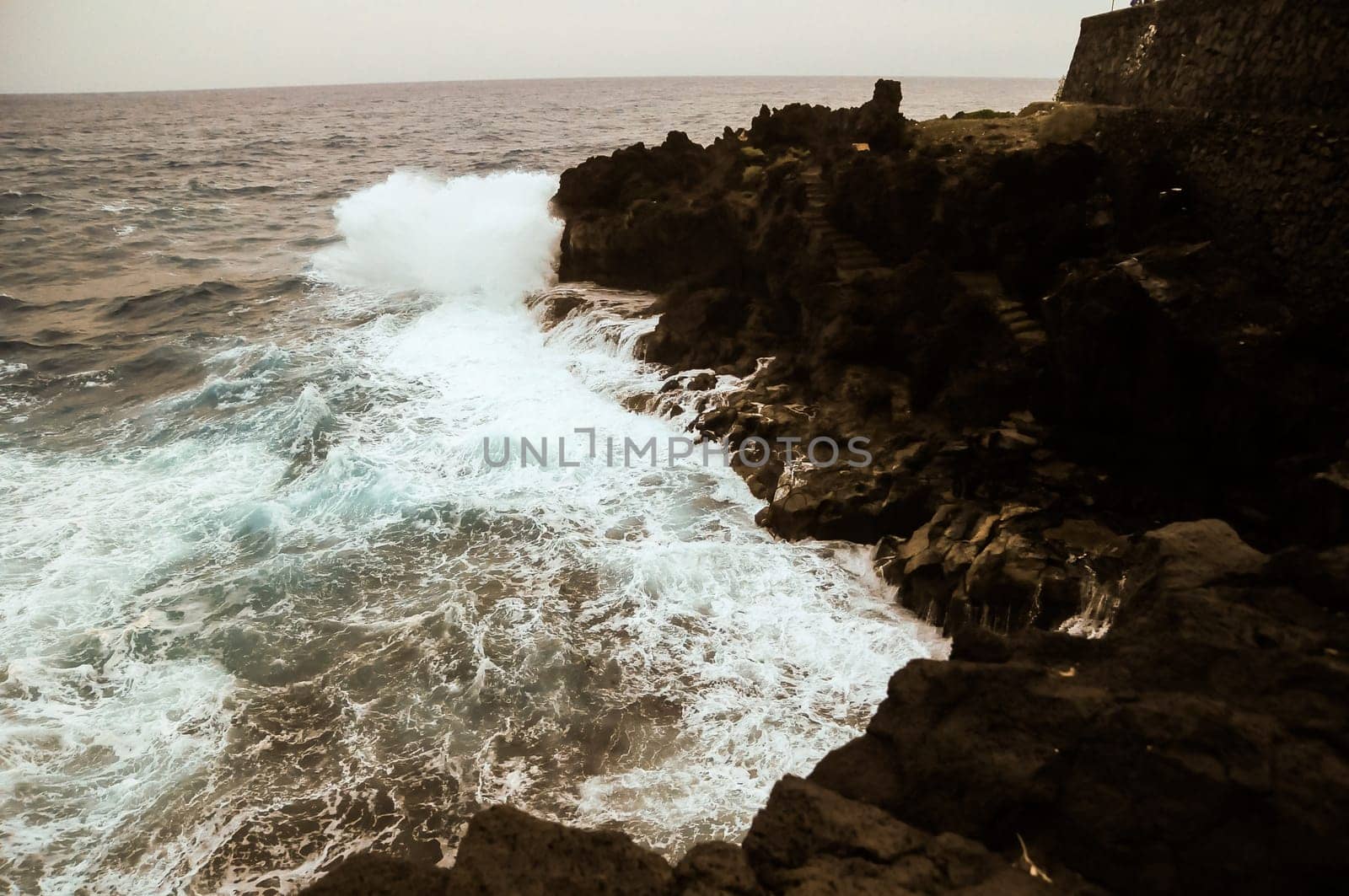 Strong Waves Crashing on the Volcanic Coast in Tenerife Canary Islands