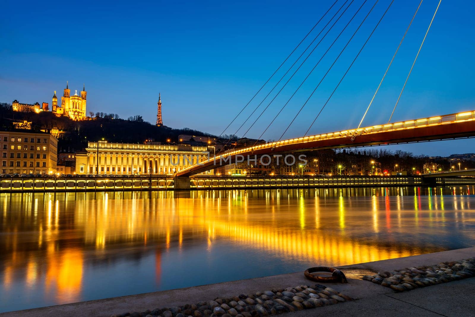 night view from Lyon city near the Fourviere cathedral and Saône river