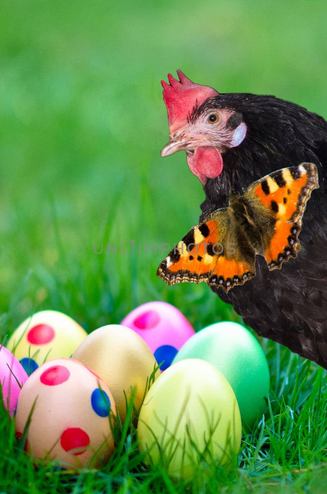 Easter eggs with hen and butterfly