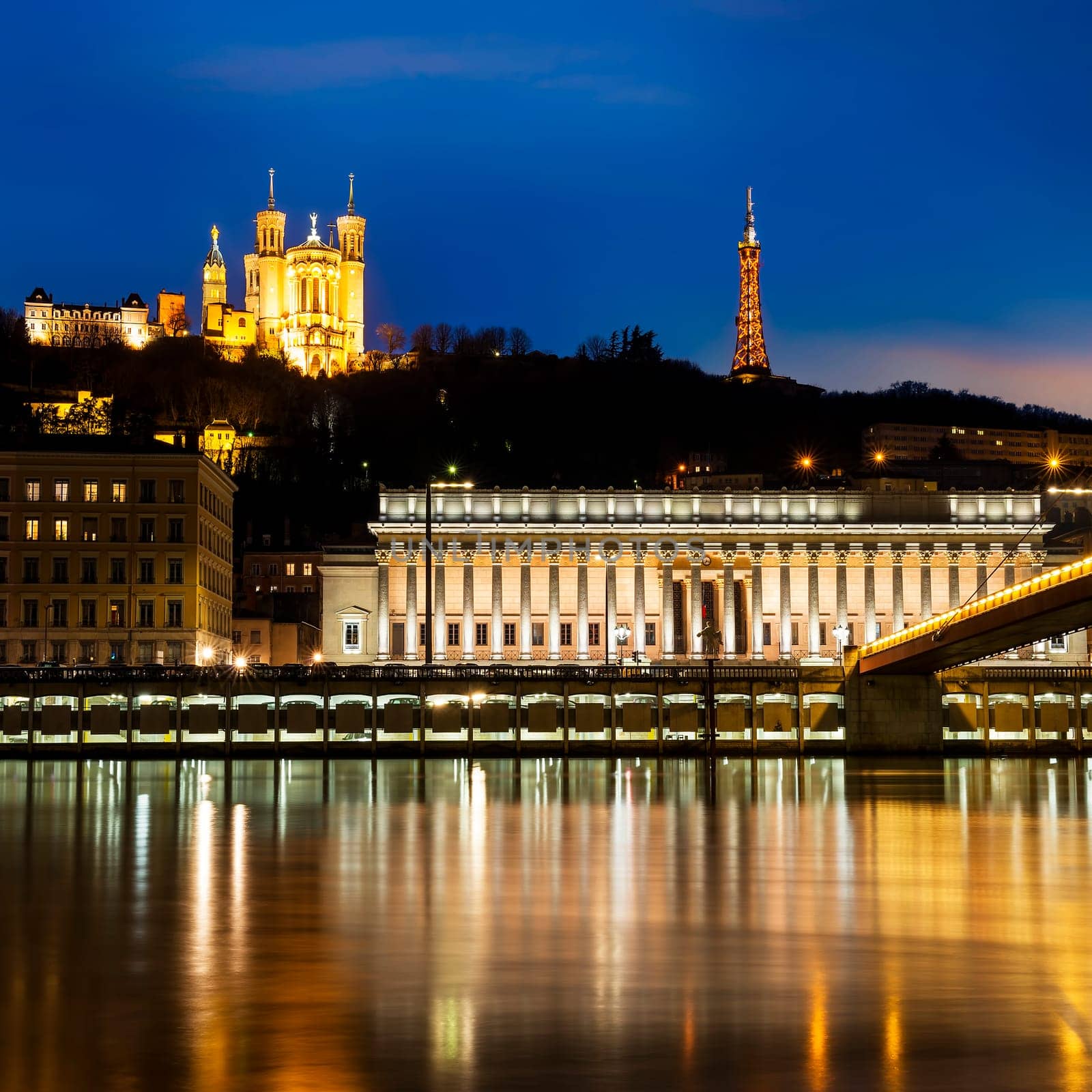 night view from Lyon city near the Fourviere cathedral and Saône river