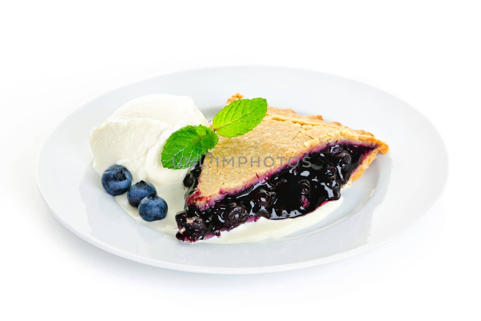 Plate with blueberry pie and vanilla ice cream isolated on white background