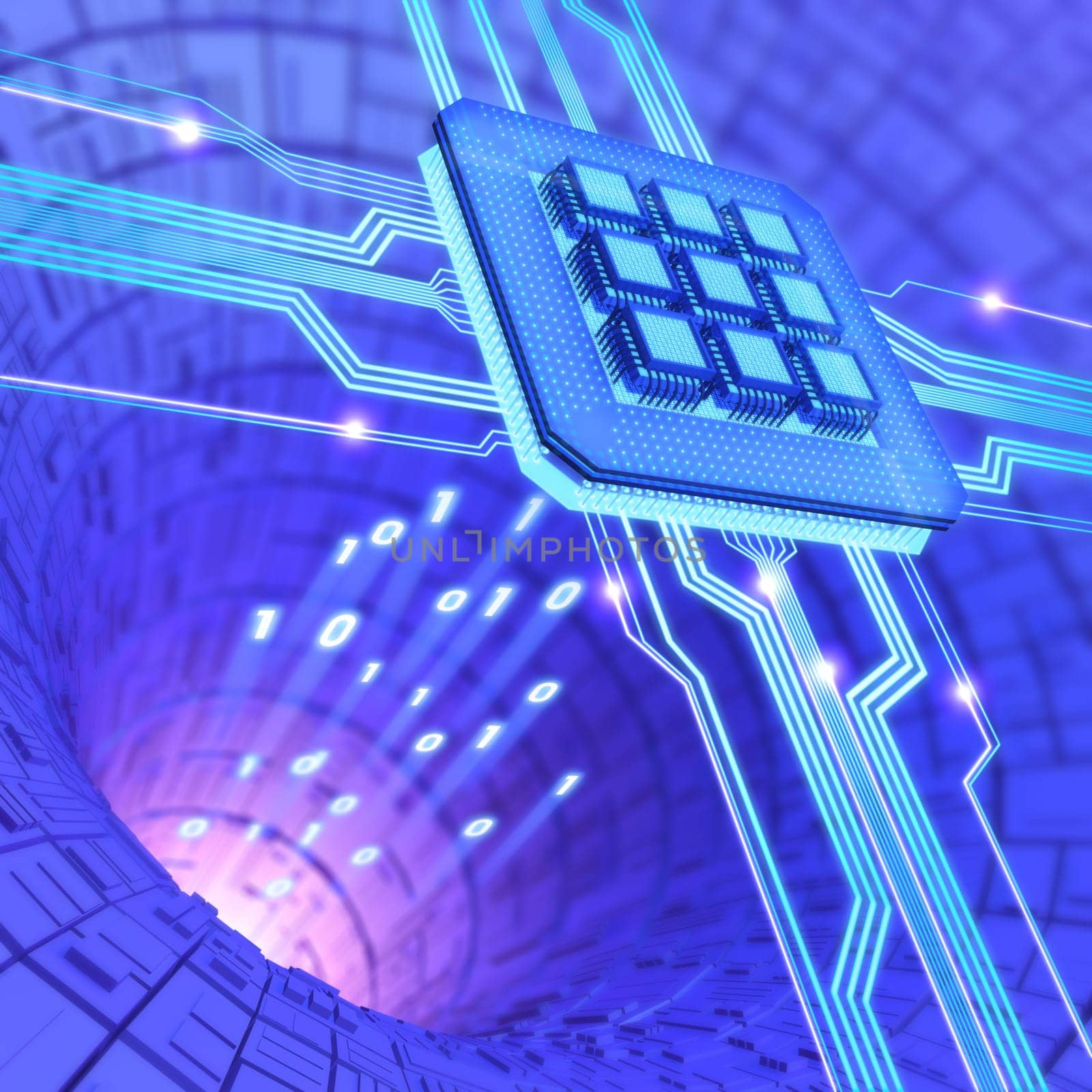 Central Processing Unit. A processor (microchip) interconnected receiving and sending information. Concept of technology and future.