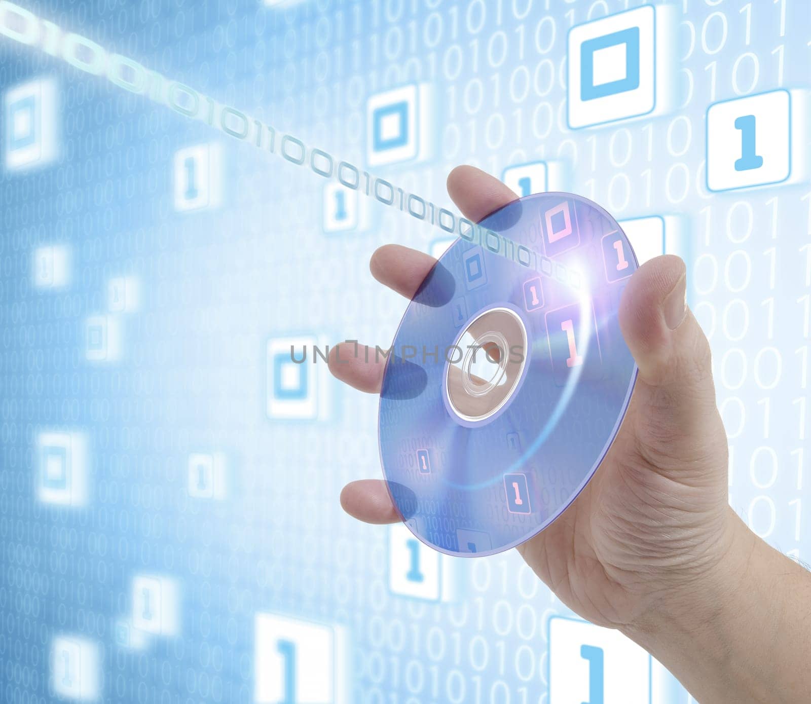 Hand holding a disc of digital media. Concept of information, storage, music and technologies.