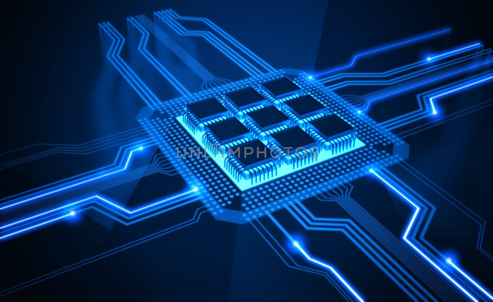 Central Processing Unit. A processor (microchip) interconnected receiving and sending information. Concept of technology and future.