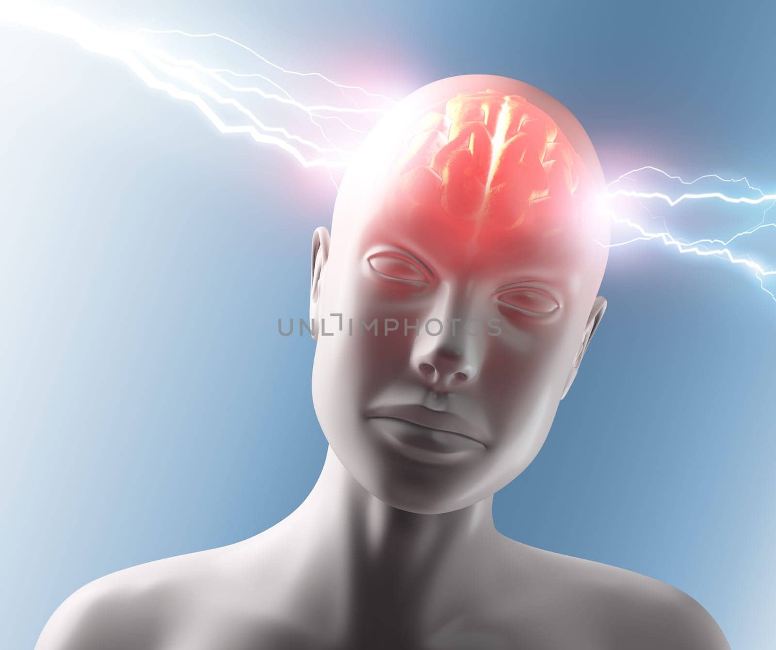 Lightning going through the head and brain. Concept of headache.