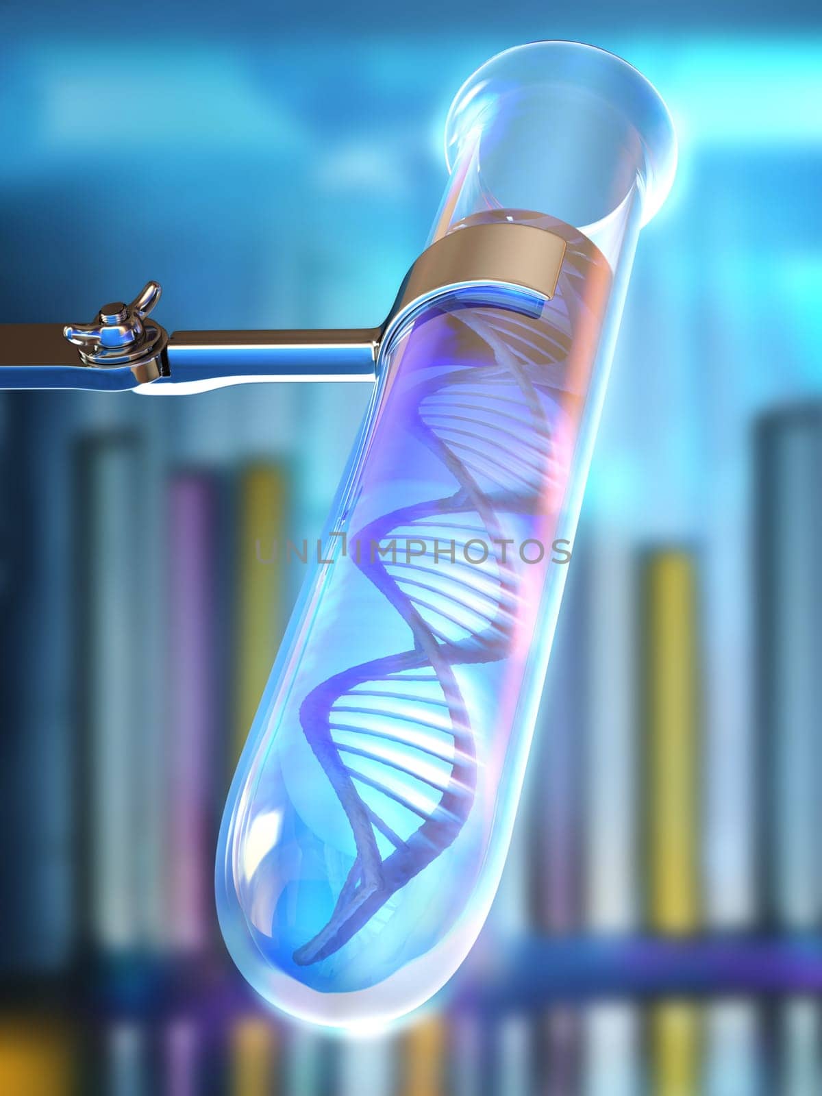 Test tube with DNA in a liquid with a background representing a laboratory.