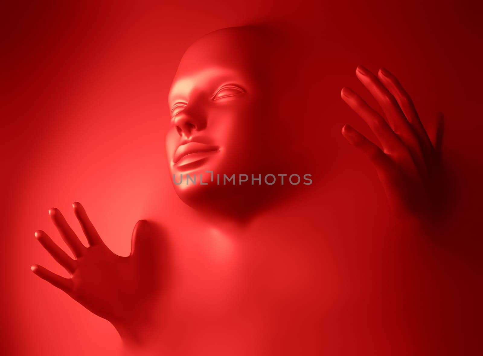 Head and hands coming out of a red wall. Concept of fear, panic, without air, without moving.
