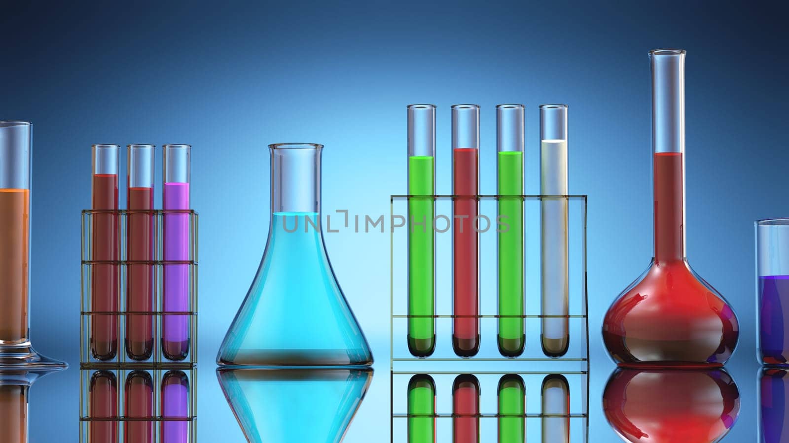 Test tubes with colored liquid inside.
