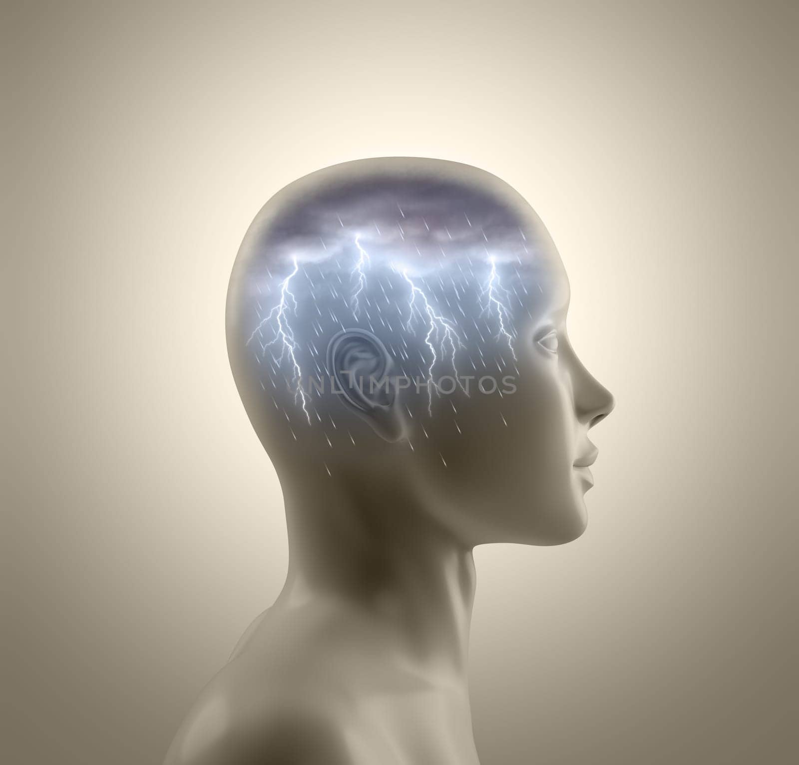 Storm inside the head. Lightning and rain falls from the clouds symbolizing the concept of brainstorm.