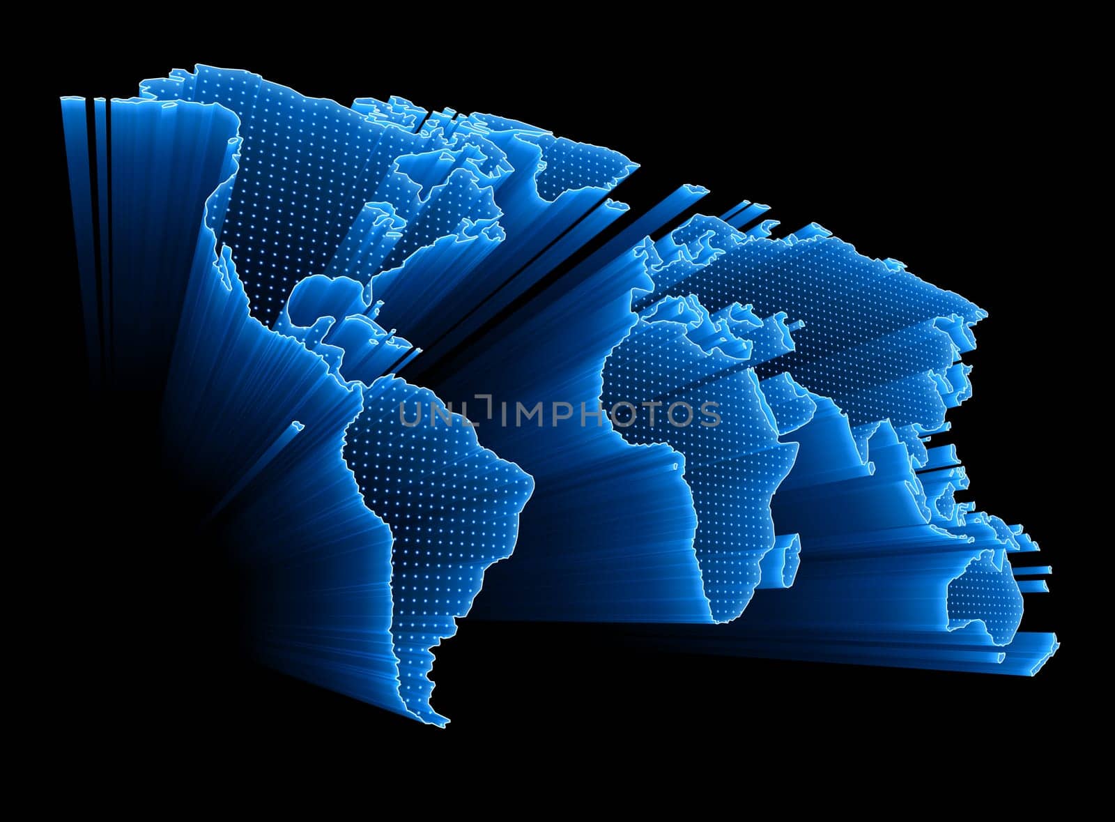 3D World Map with dots and lights representing the digital world. Concept of digital technology around the world.