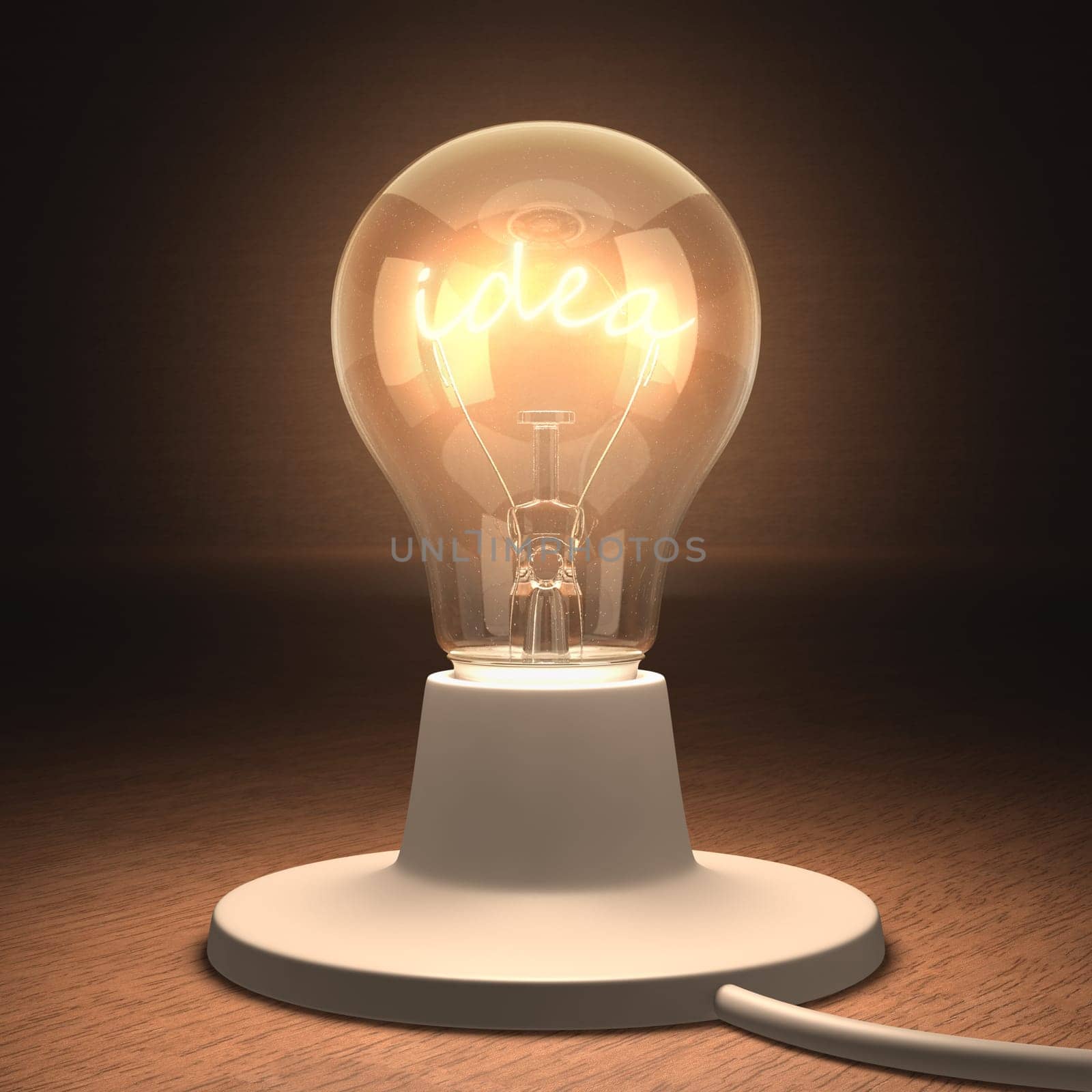 lamp lit with the filament-shaped of the idea word.