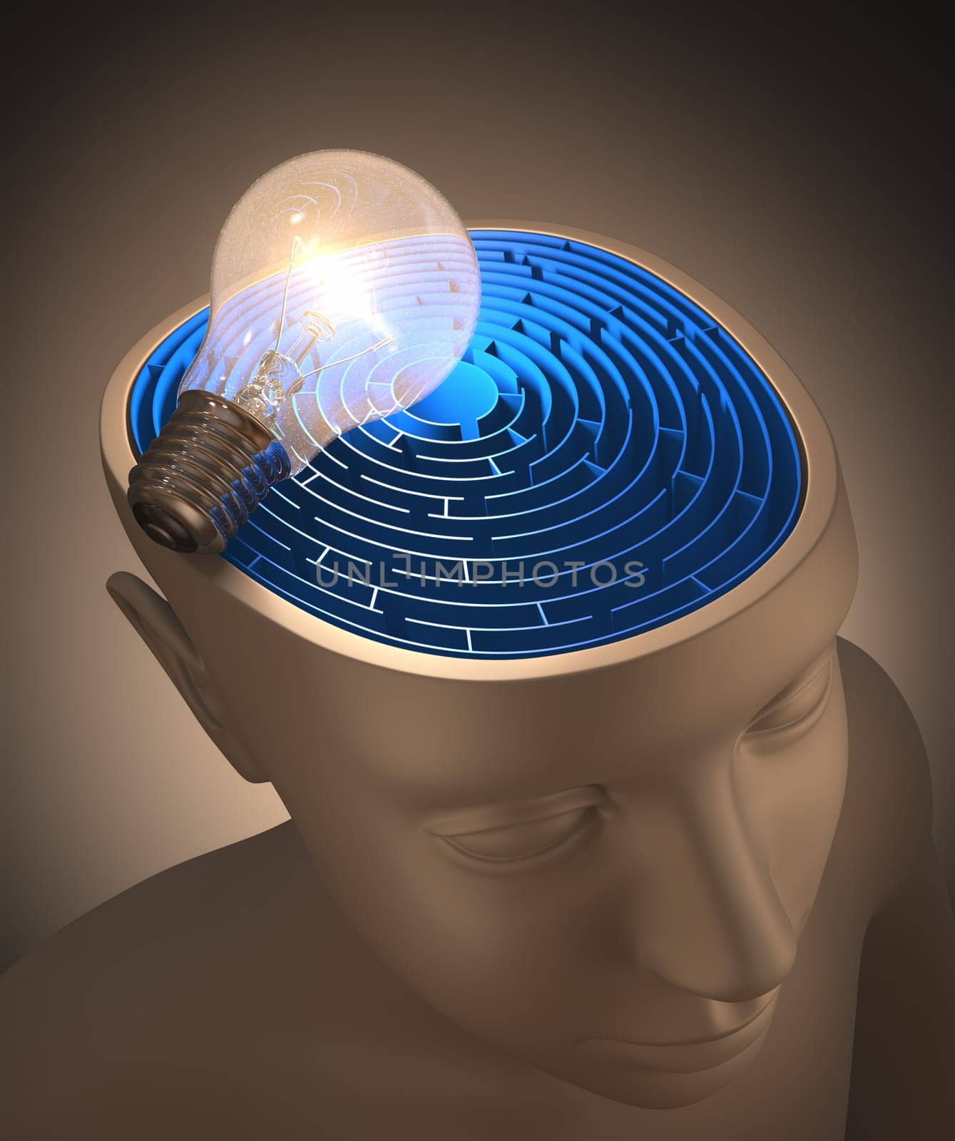 Labyrinth inside of the head being lit by a lamp.