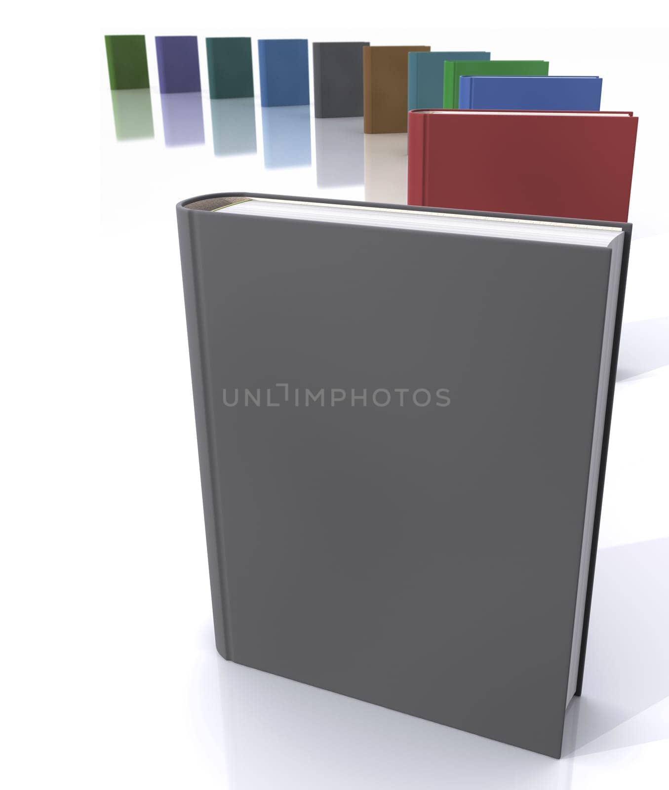 Books standing on white background.
