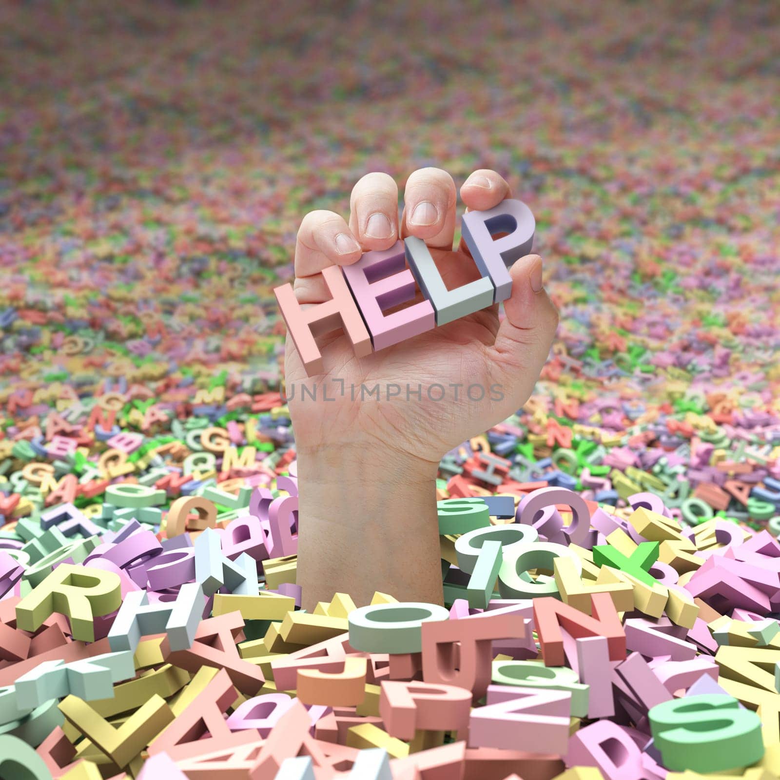 In the middle of an ocean of letters, a hand going up and holding the word help. Concept of the difficulty of finding success in the midst of so many possibilities.