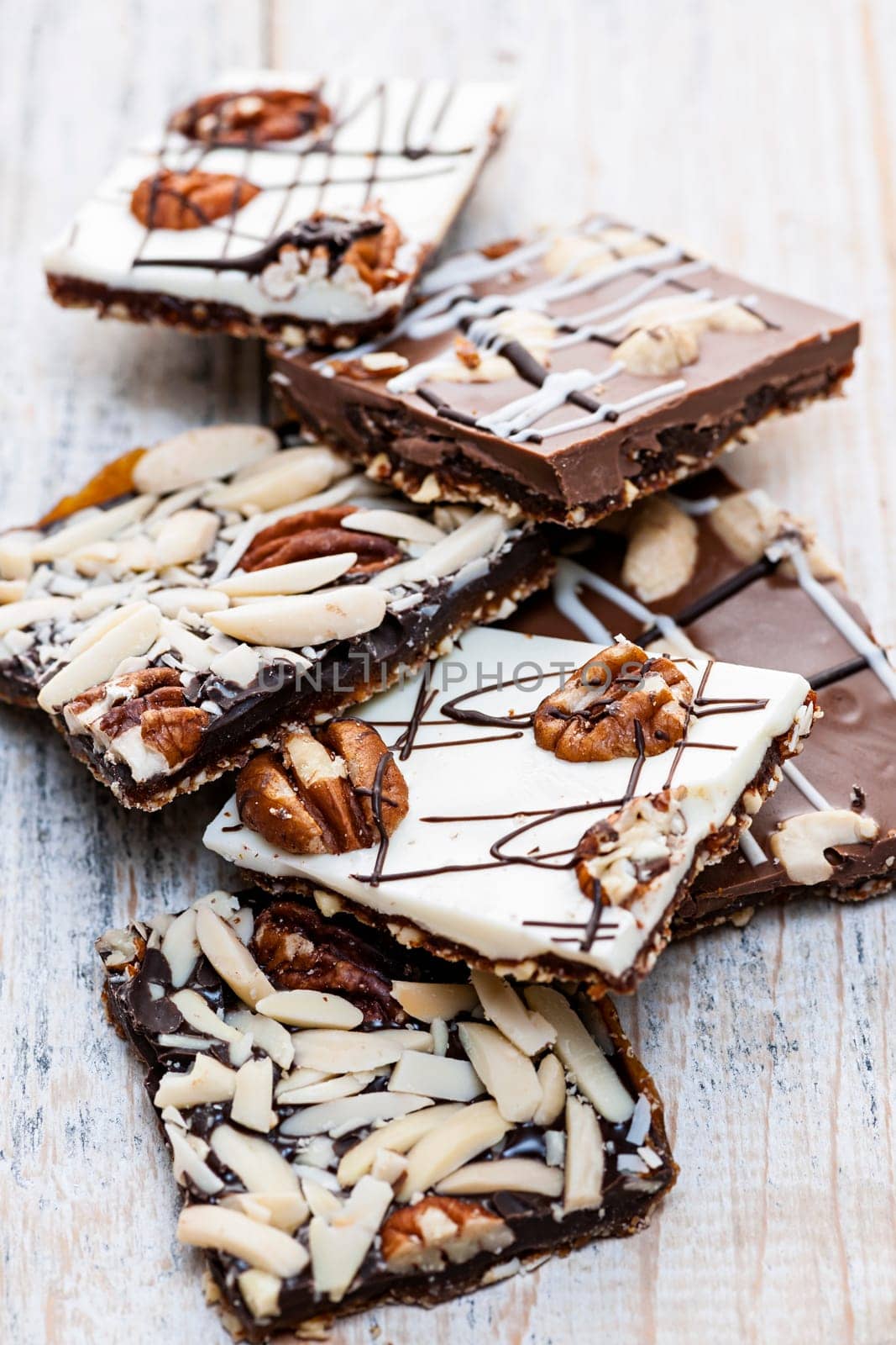 Assorted chocolate caramel bark pieces for sweet dessert