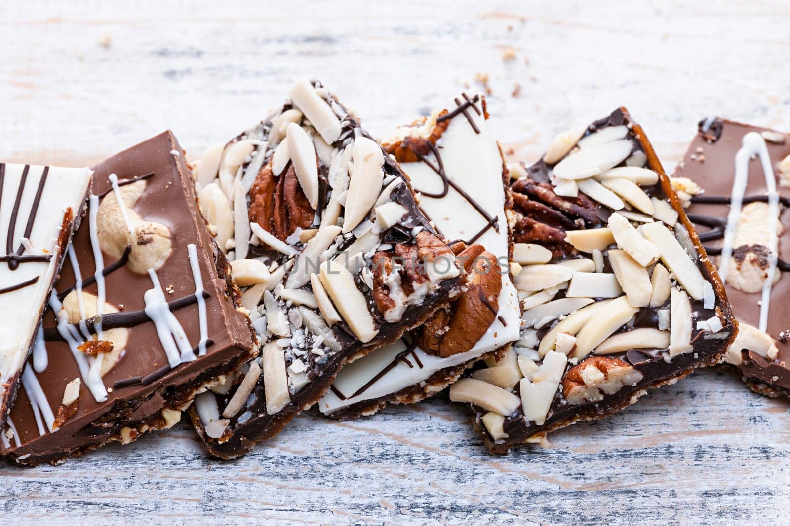 Assorted chocolate caramel bark pieces for sweet dessert