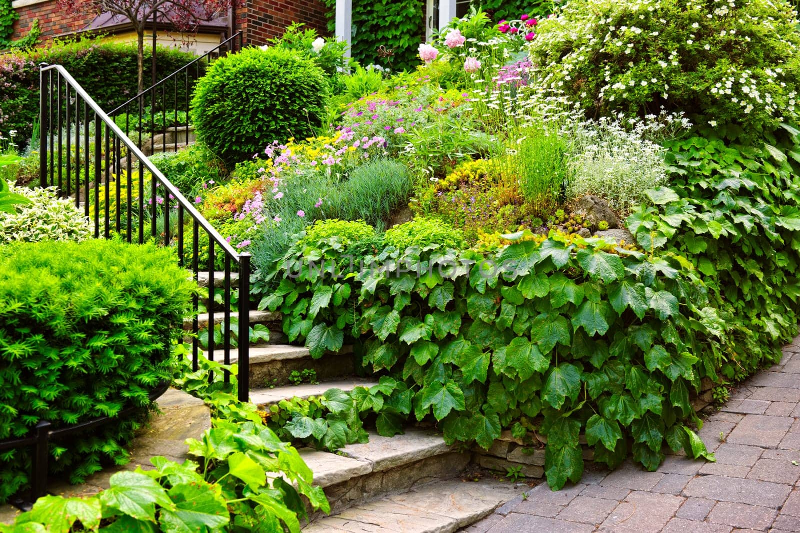 Landscaped garden path with natural stone steps and metal railing
