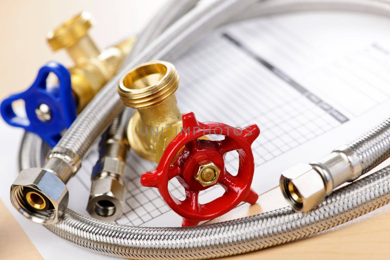Plumbing valves hoses and assorted parts with estimate sheet