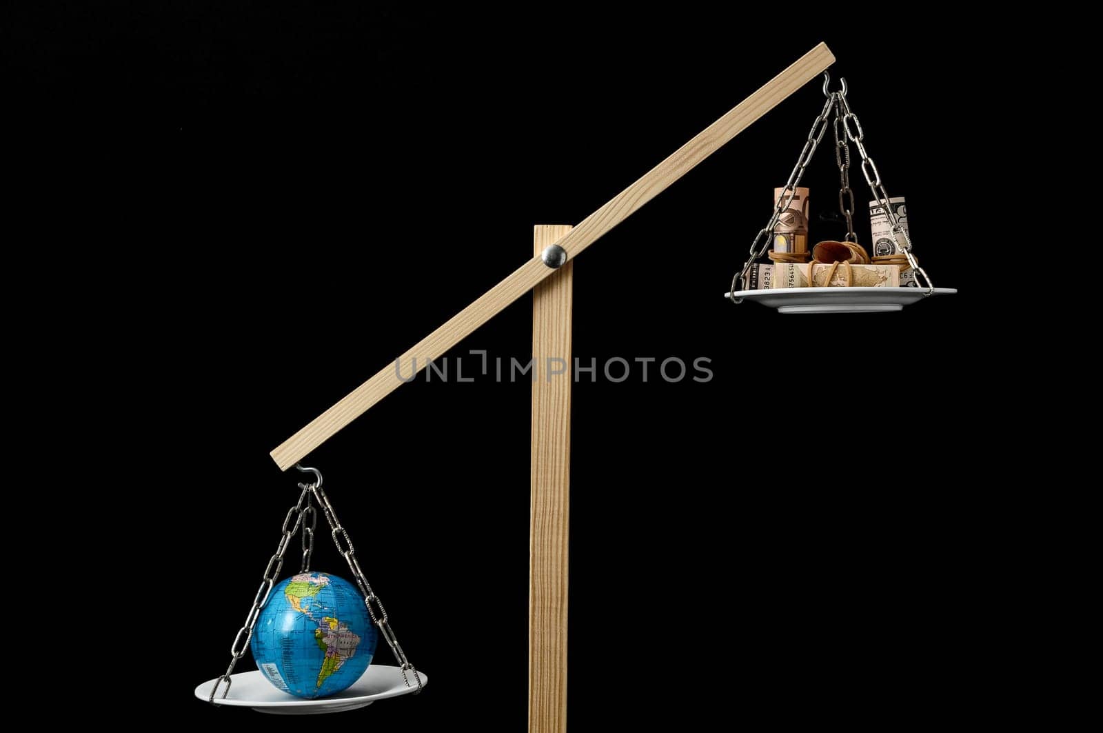 Globe Planet Earth and Money on a Two Pan Balance