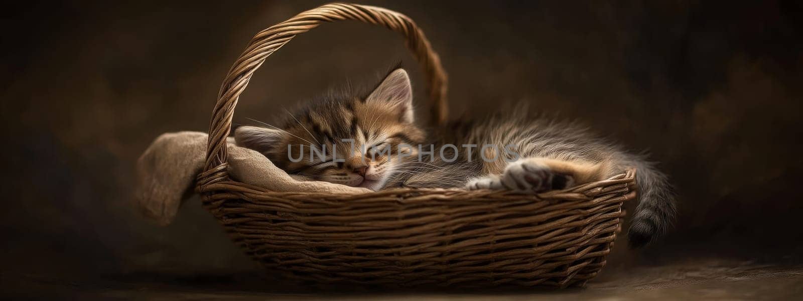 A small fluffy kitten lies in a wicker basket, Generative AI, animals