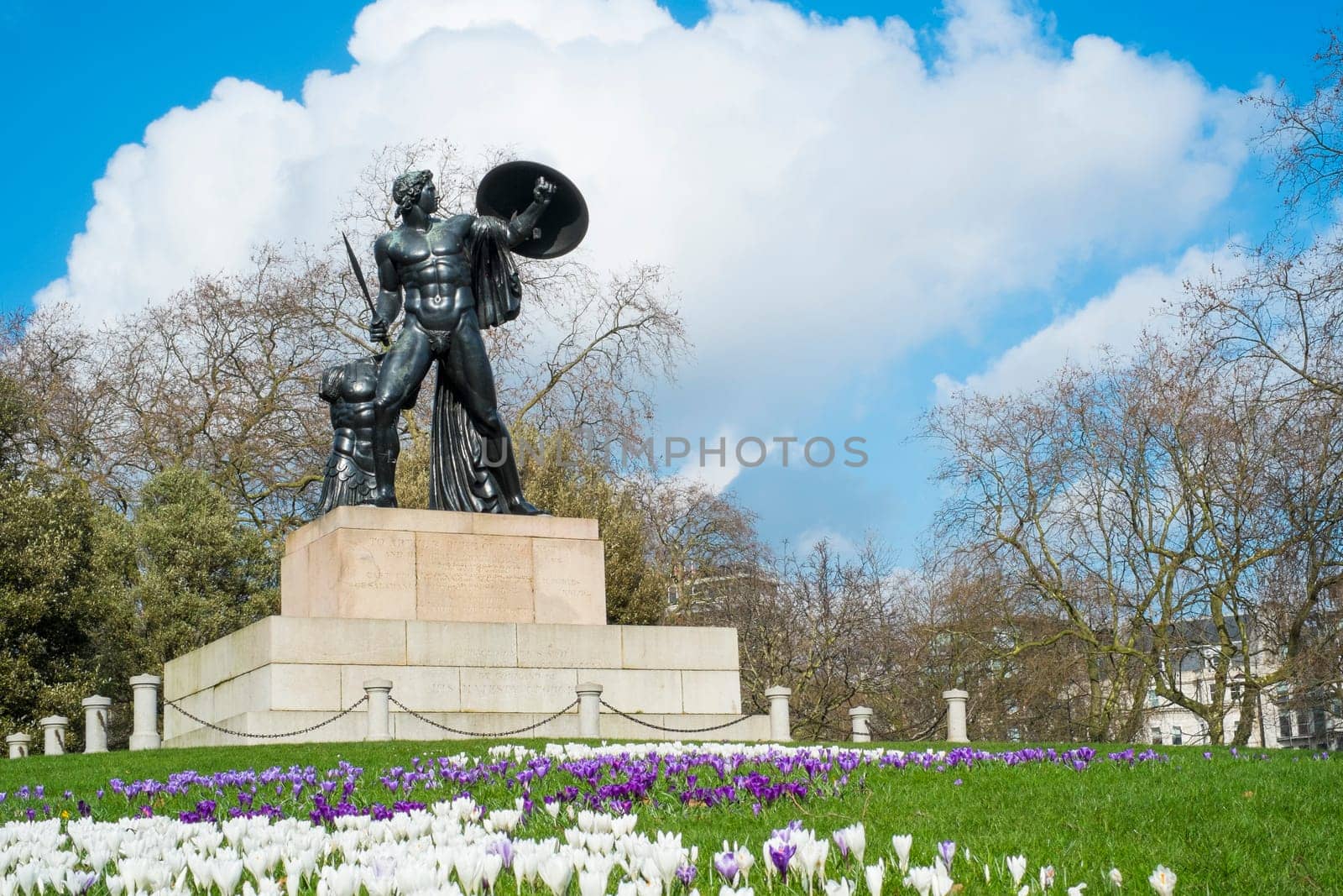 Statue of Achilles in Hyde Park, London, UK, dedicated to the Duke of Wellington and forget with the bronze from captured cannons in campaigns.