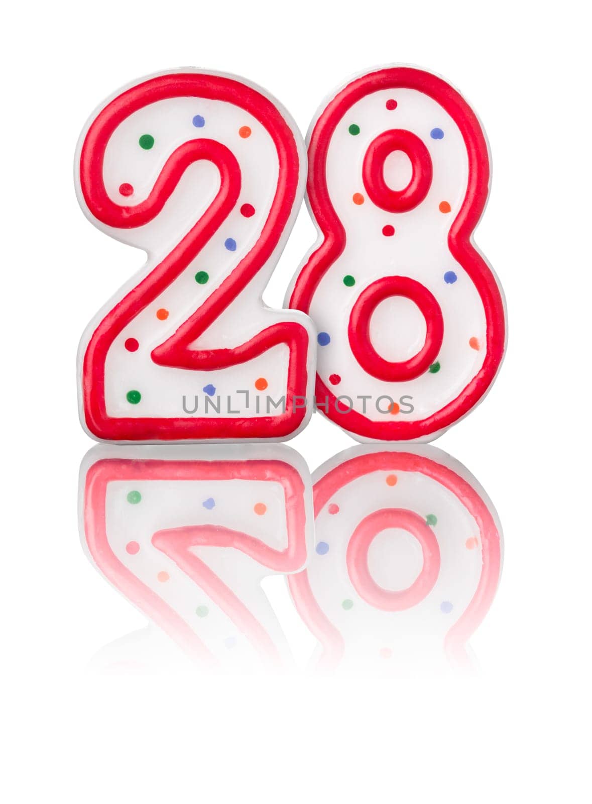 Red number 28 with reflection