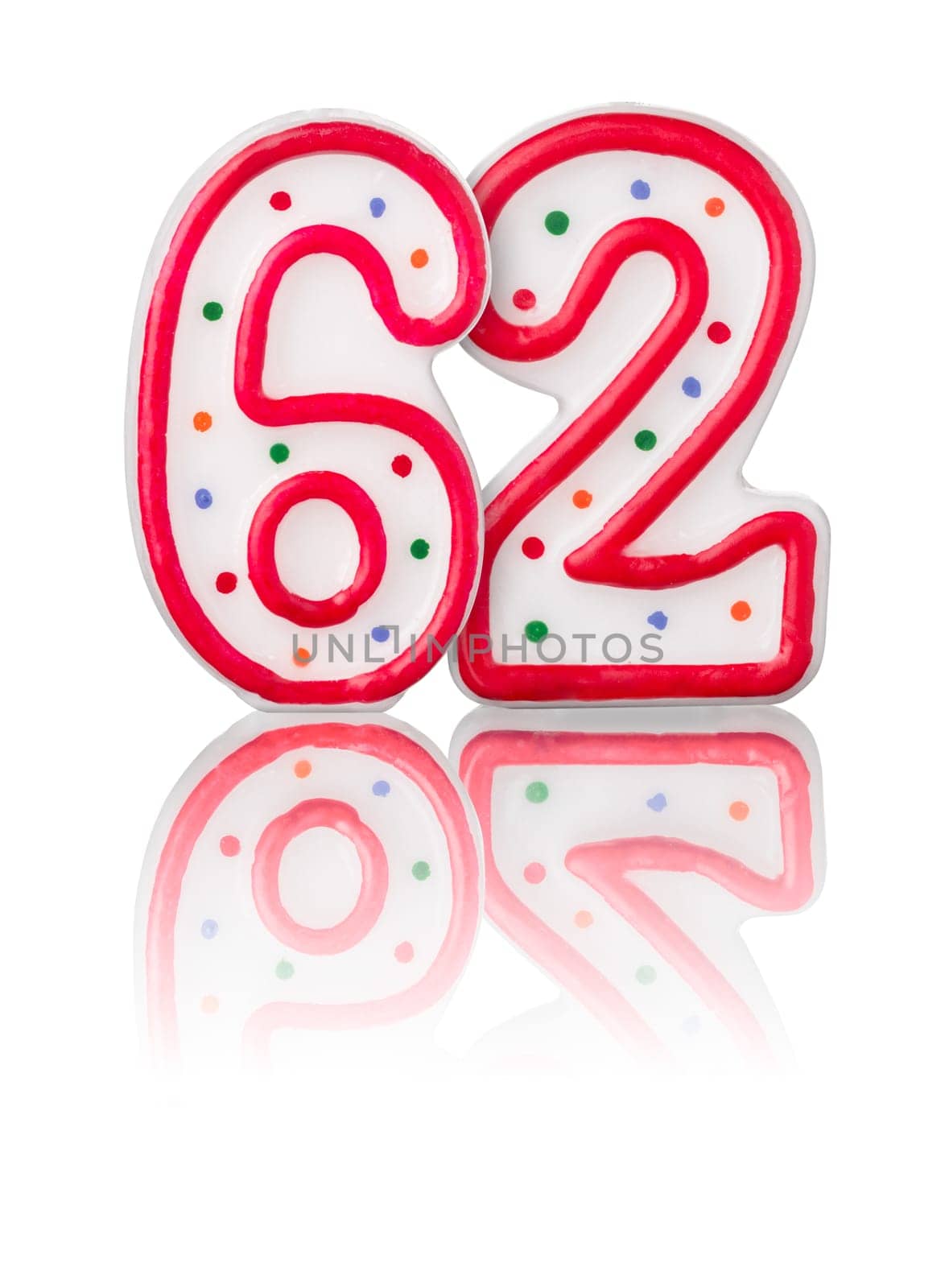 Red number 62 with reflection