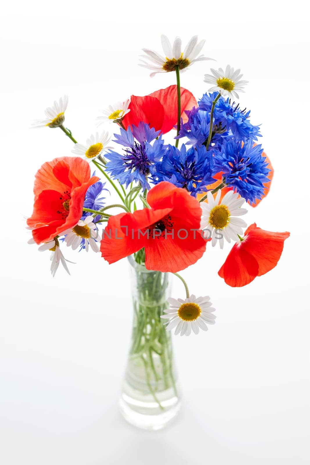 Bouquet of wildflowers - poppies, daisies, cornflowers - on white background, studio shot.