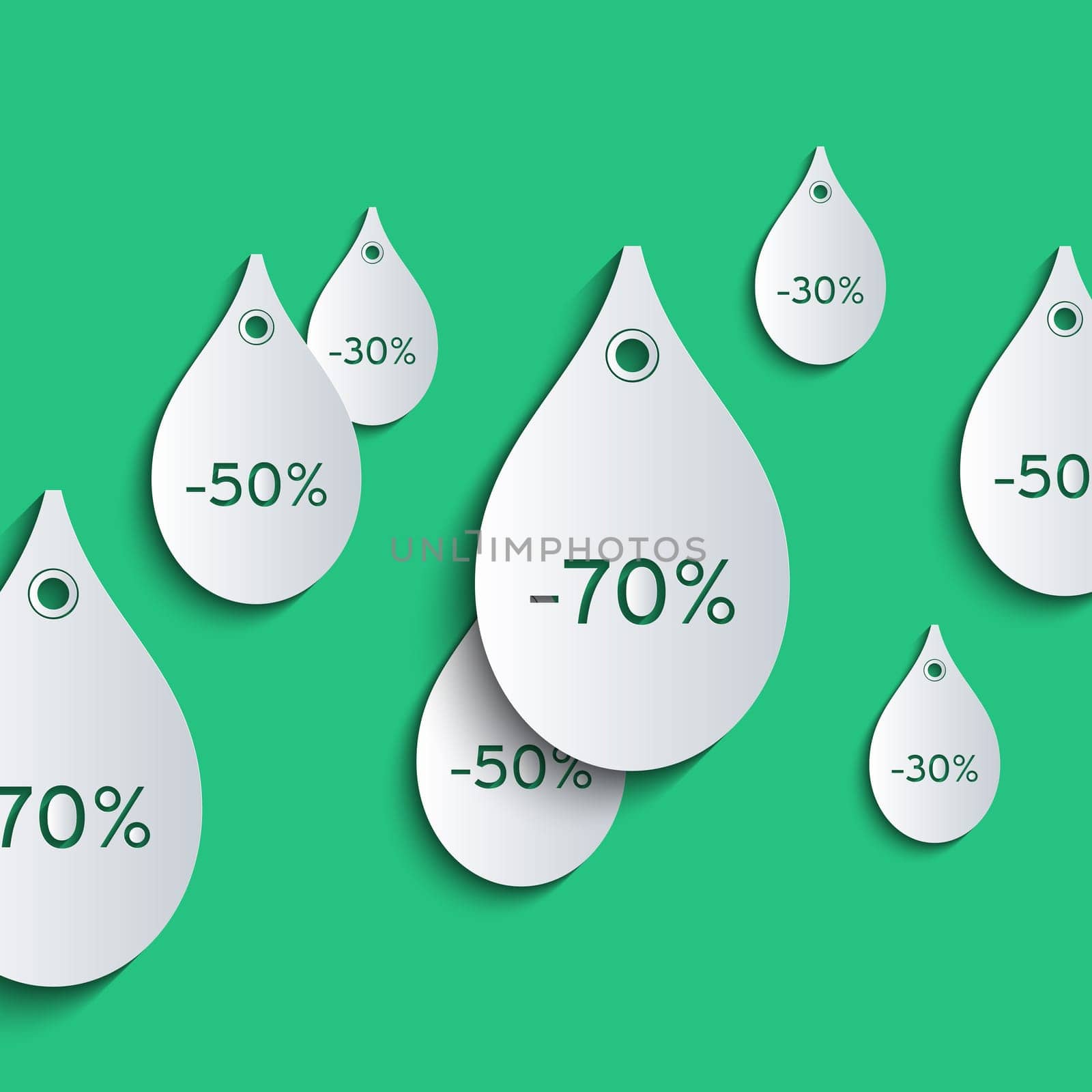 3d paper price tags in the form of falling raindrops. Sale, discount and falling prices concept.