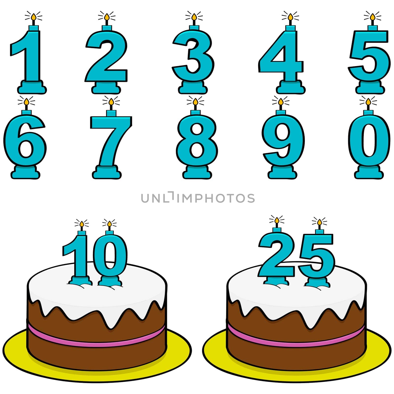 Cartoon illustration showing a cake and candles from 0 to 9 to form different numbers
