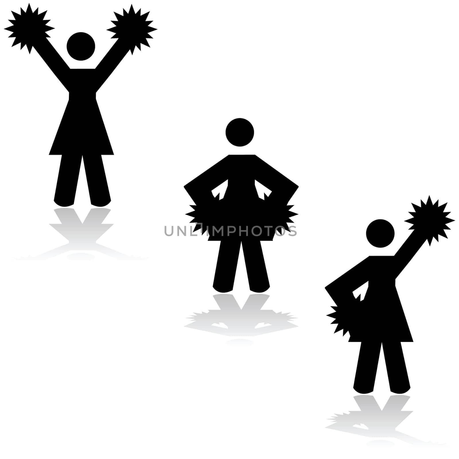 Icon set showing a black and white woman stick figure doing different cheerleading poses
