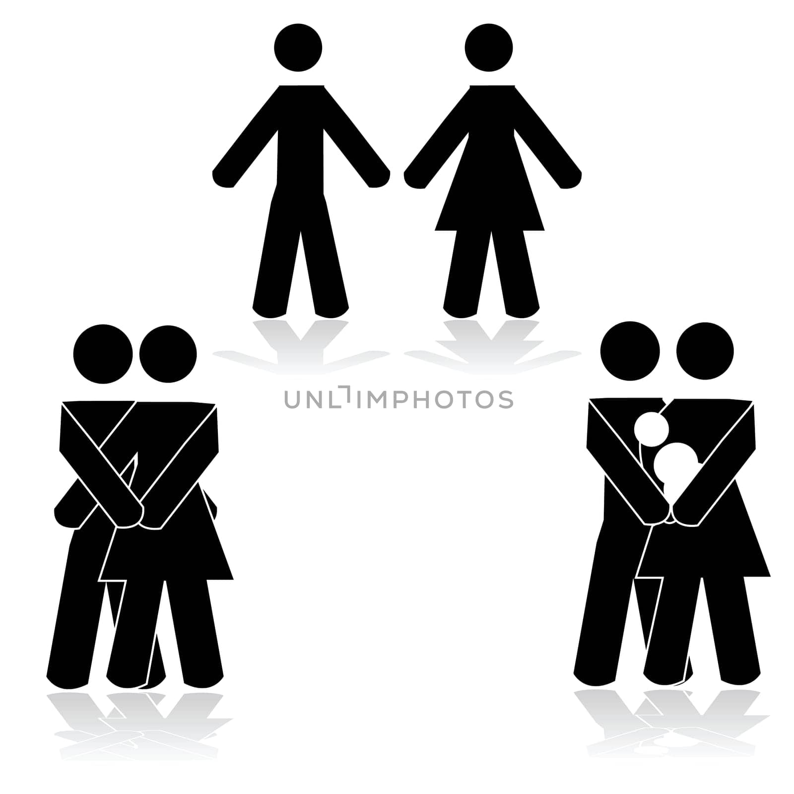 Concept illustration showing a couple apart, together and with a baby