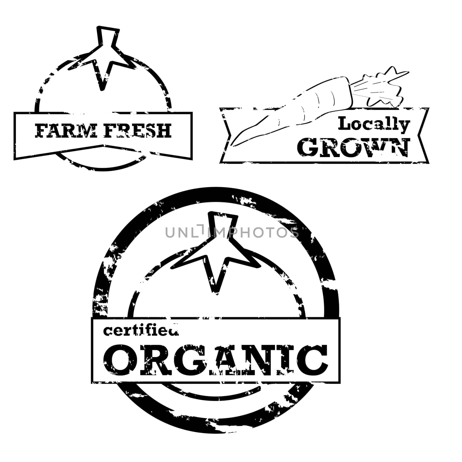 Labels and stamps showing fresh produce with positive messaging