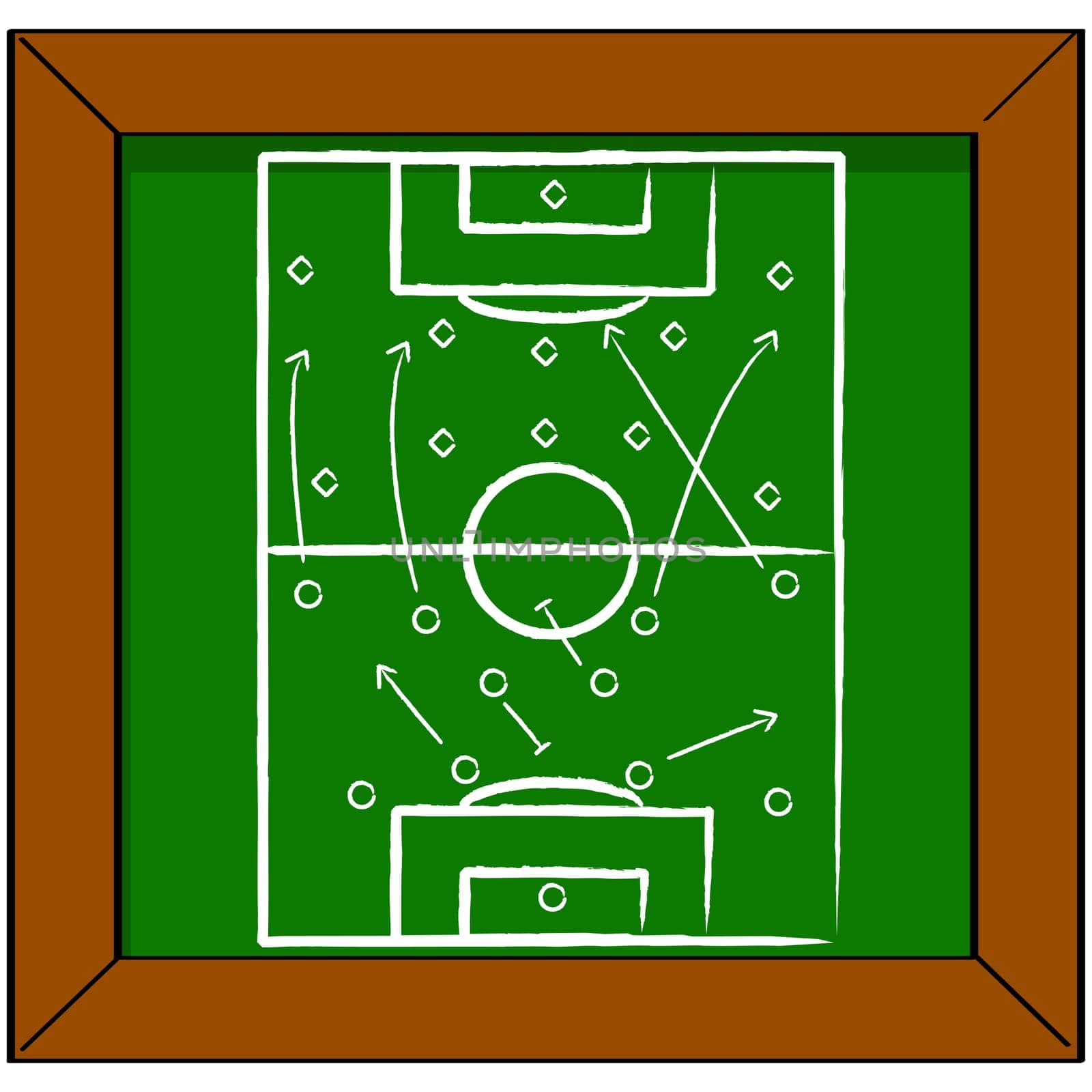 Cartoon illustration showing a soccer pitch drawn on a blackboard with some tactics for a match