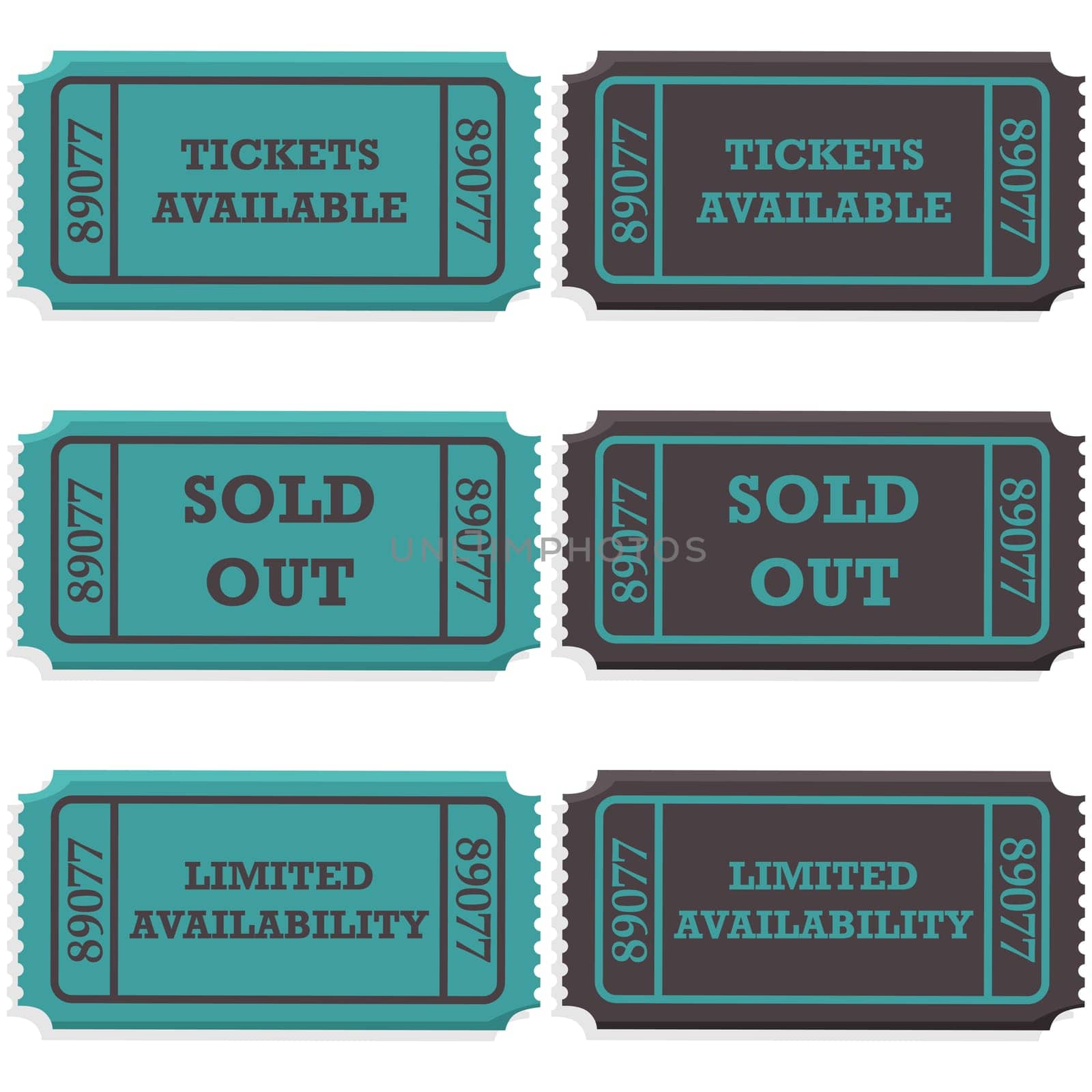 Concept illustration showing ticket stubs with a message saying if they are still available or if they are sold out