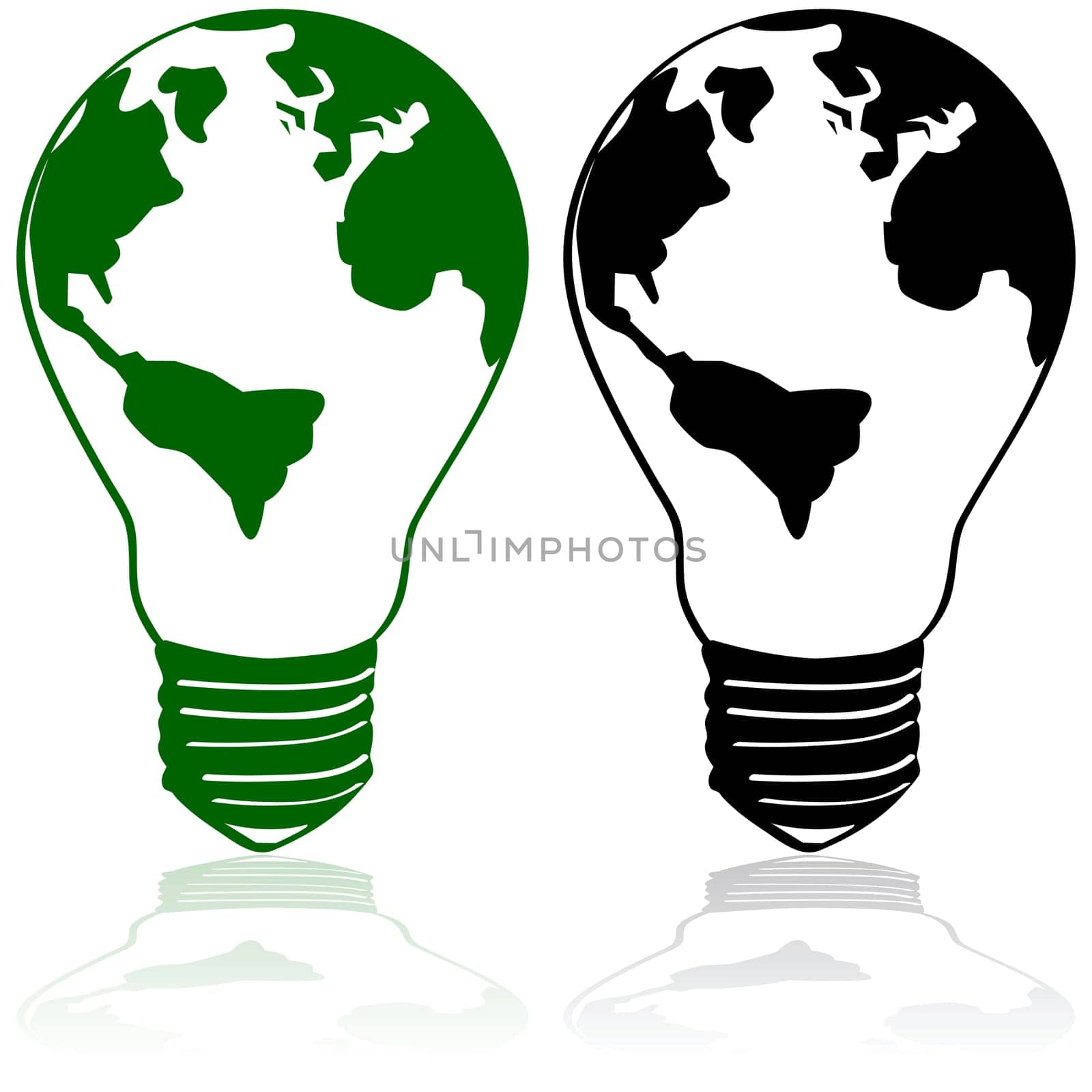 Concept illustration showing the Earth continents inside an electric bulb
