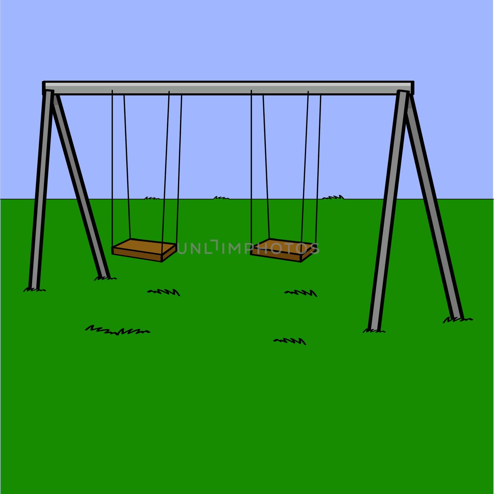 Cartoon illustration showing an abandoned playground swing set