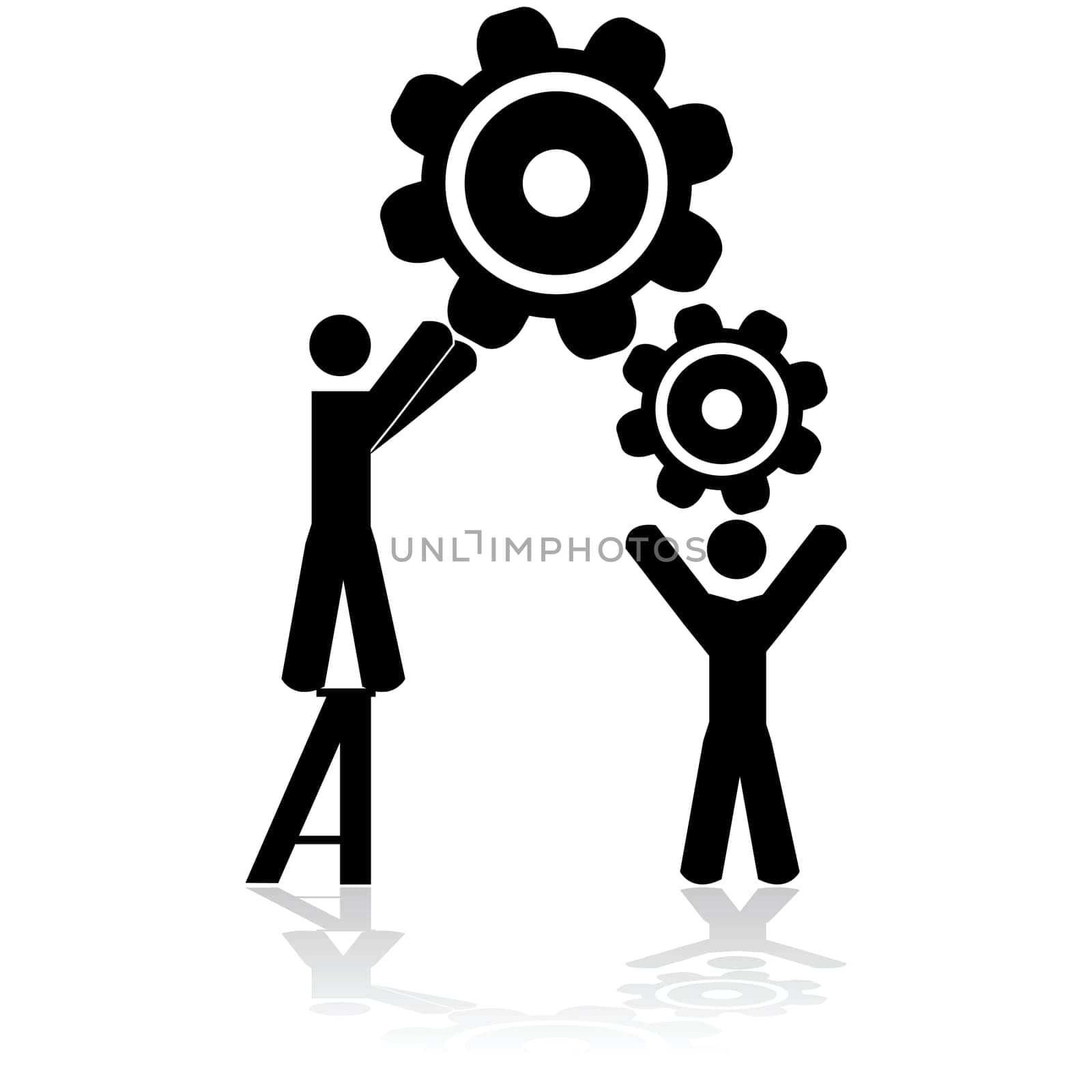 Concept illustration showing two people working together to assemble machine gears