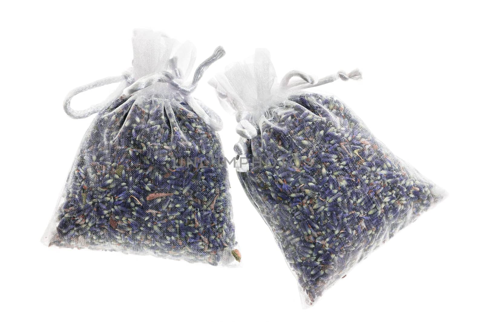 Two sachets with dry lavender flowers isolated on white background