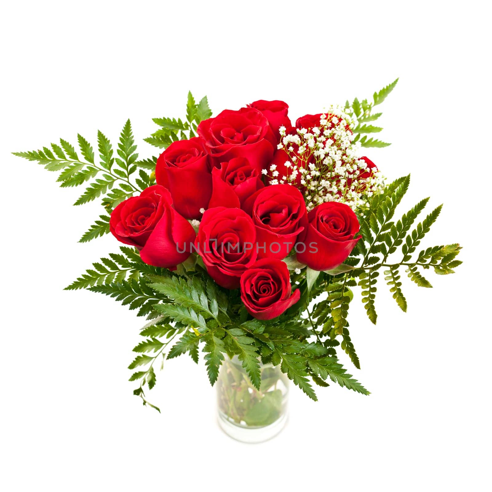 Bouquet of fresh red roses in a vase isolated on white background