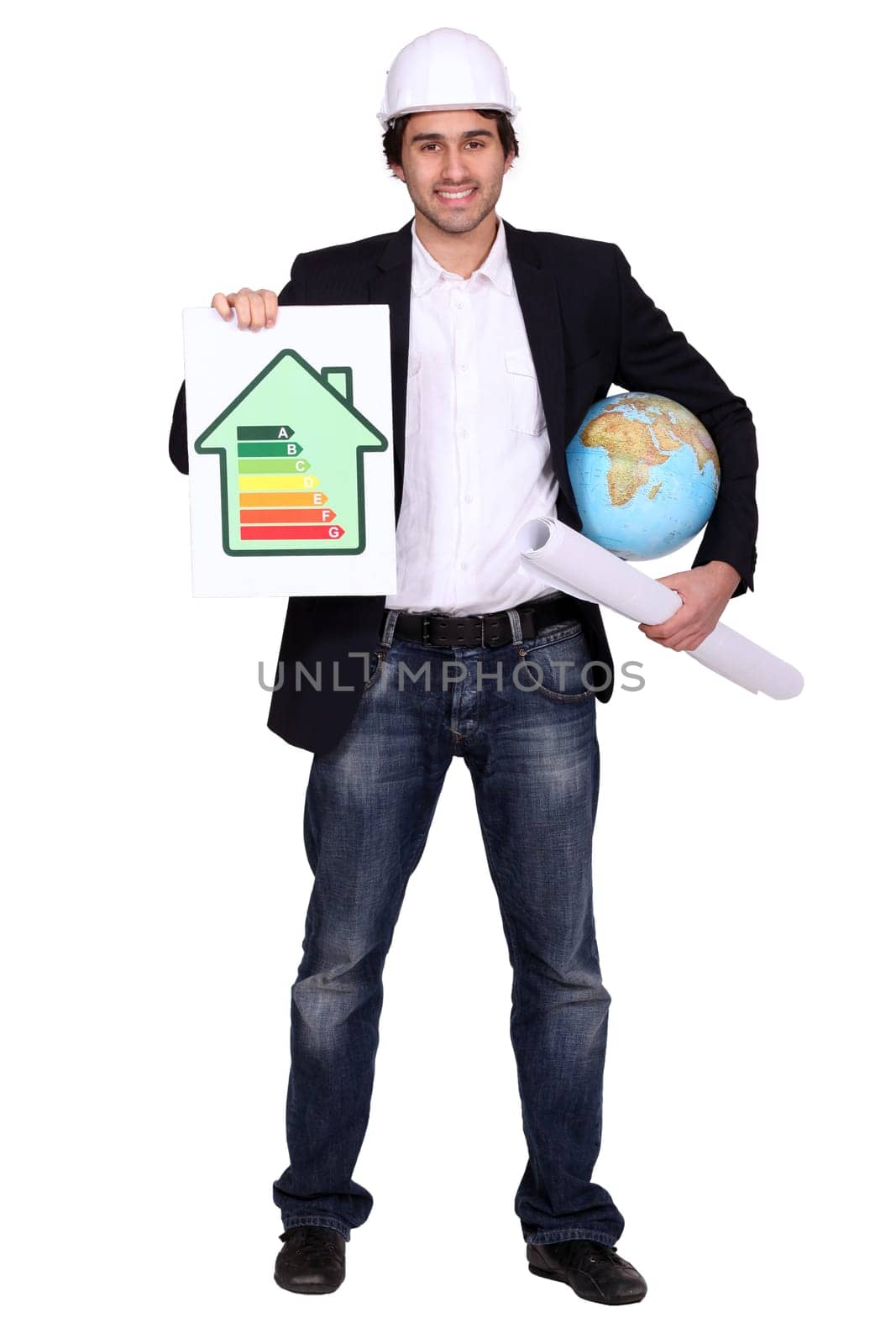 Man with globe and energy panel