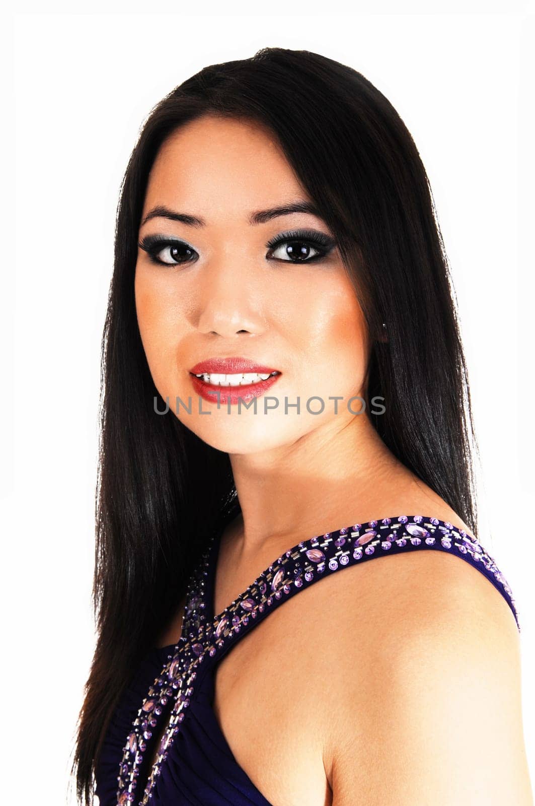A closeup picture of a pretty Chinese woman with long black hair standing.for white background..